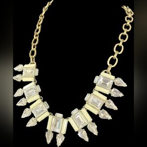 J Crew Antique Gold Tone Cream Necklace With Large Clear Rhinestones  19”-Adjust